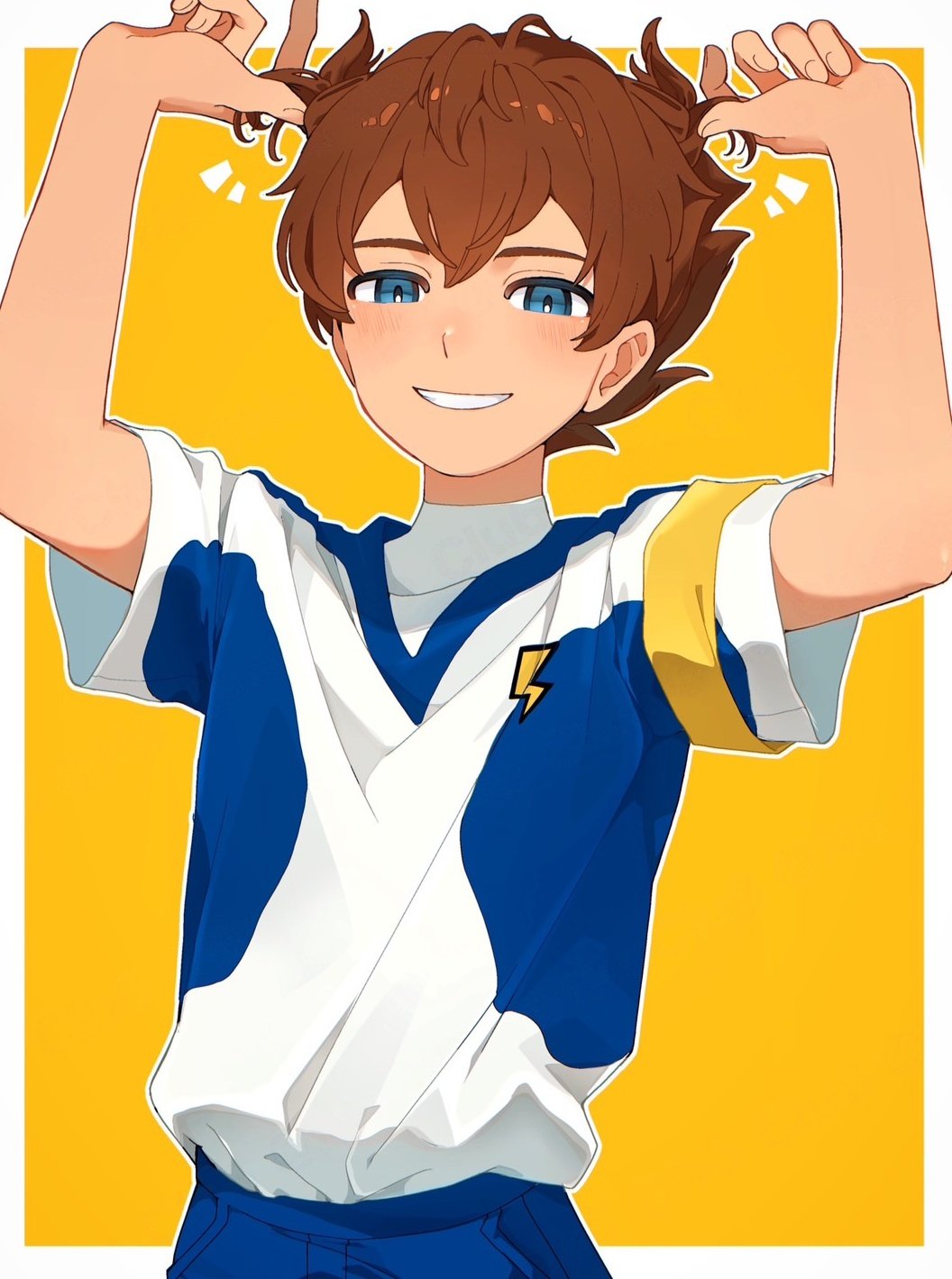 1boy blue_eyes brown_hair dame! highres inazuma_eleven_(series) inazuma_eleven_go looking_at_viewer matsukaze_tenma outline short_hair short_sleeves simple_background smile soccer_uniform solo sportswear white_outline yellow_background
