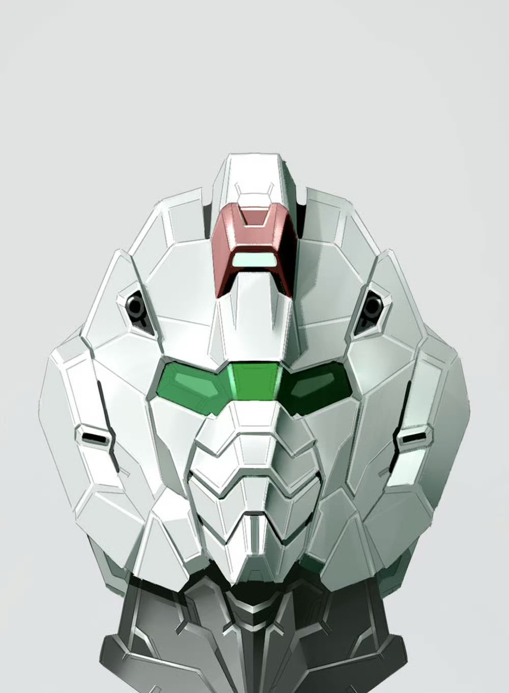 assault_visor commentary_request gm_(mobile_suit) green_eyes grey_background gundam head_only highres looking_at_viewer mecha mecha_focus mobile_suit mobile_suit_gundam mosiaz328 no_humans redesign robot science_fiction simple_background solo