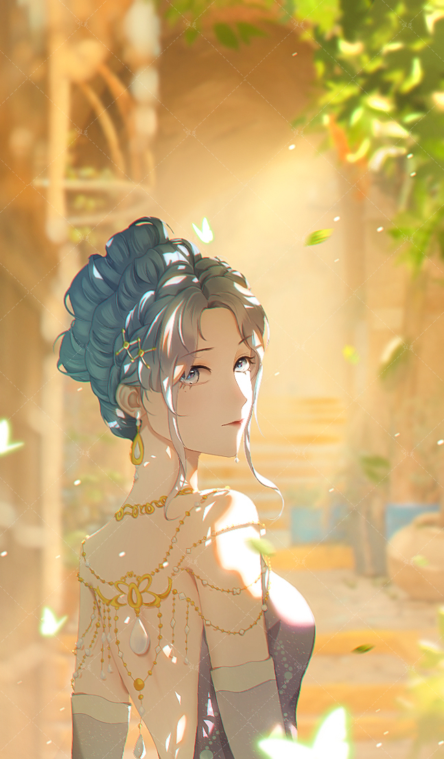 1girl arch backless_dress backless_outfit bare_back bare_shoulders blue_eyes blue_hair braid braided_bun bug butterfly character_request closed_mouth commentary dress earrings elbow_gloves english_commentary expressionless eyelashes fur-trimmed_gloves fur_trim gloves gold_earrings gold_necklace grey_hair hair_bun hair_ornament hairclip indoors insect jewelry light_particles light_rays lipstick looking_at_viewer looking_back makeup multicolored_hair necklace nikki_(series) parted_bangs purple_dress purple_gloves red_lips shining_nikki single_hair_bun solo stairs sunlight suqiu tree two-tone_hair updo upper_body watermark watermark_grid x_hair_ornament