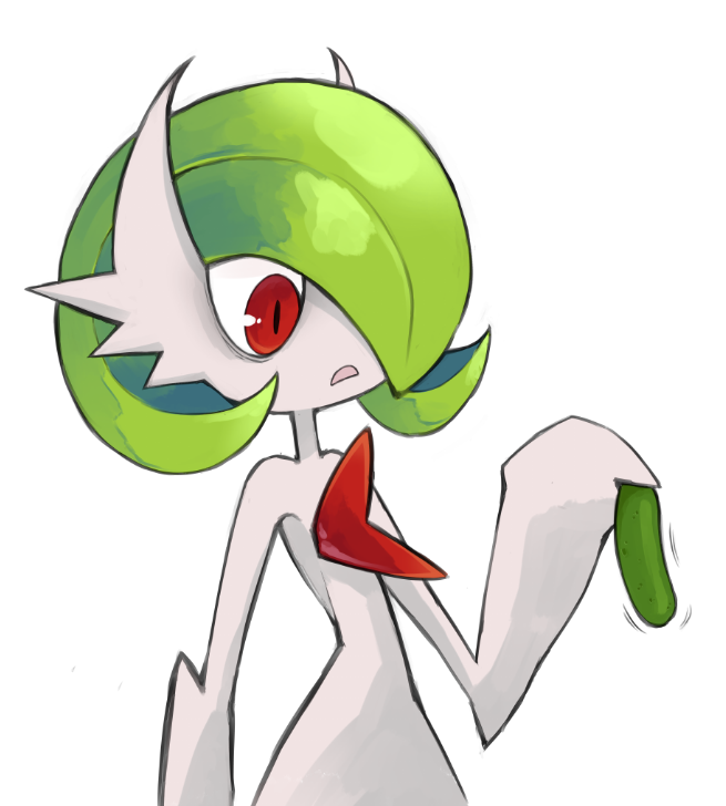 colored_skin cucumber dmt_(auburn) dress gardevoir gen_3_pokemon hair_over_one_eye mega_gardevoir mega_pokemon nintendo open_mouth pokemon pokemon_(creature) red_eyes simple_background white_background white_dress white_skin