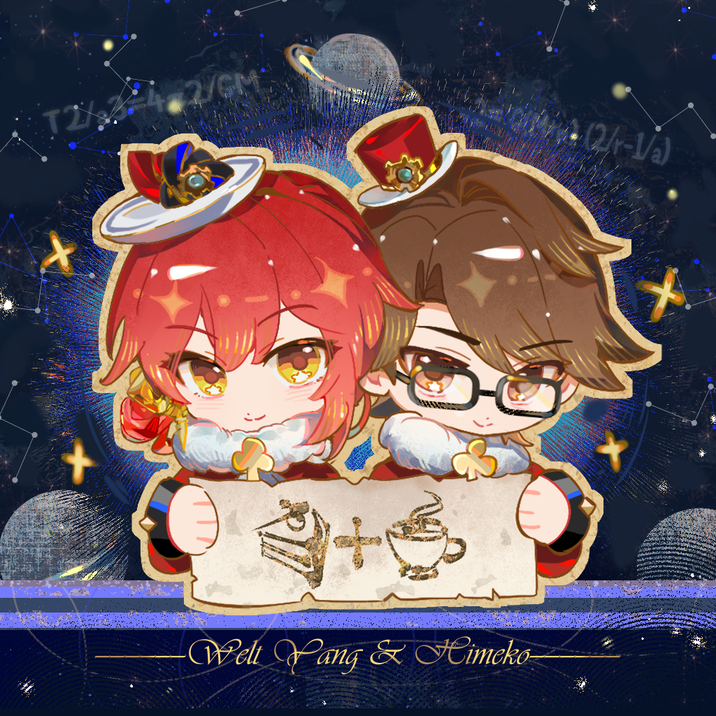 1boy 1girl brown_eyes brown_hair character_name chibi chibi_only chinese_commentary commentary_request constellation fur_trim glasses hat himeko_(honkai:_star_rail) holding holding_sign honkai:_star_rail honkai_(series) mini_hat qieazhibingjiling red_hair red_hat sign smile welt_yang white_hat yellow_eyes