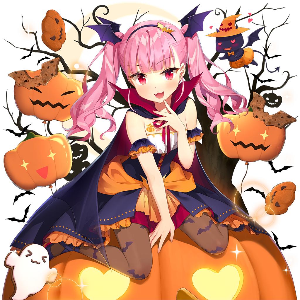 1girl akane_garnet animal_print bat_hair_ornament bat_print black_cloak brown_pantyhose cloak demon dress frilled_dress frills ghost hair_ornament long_hair pantyhose pink_hair print_pantyhose pumpkin red_eyes salt_(salty) sitting sitting_on_object twintails uchi_no_hime-sama_ga_ichiban_kawaii wariza