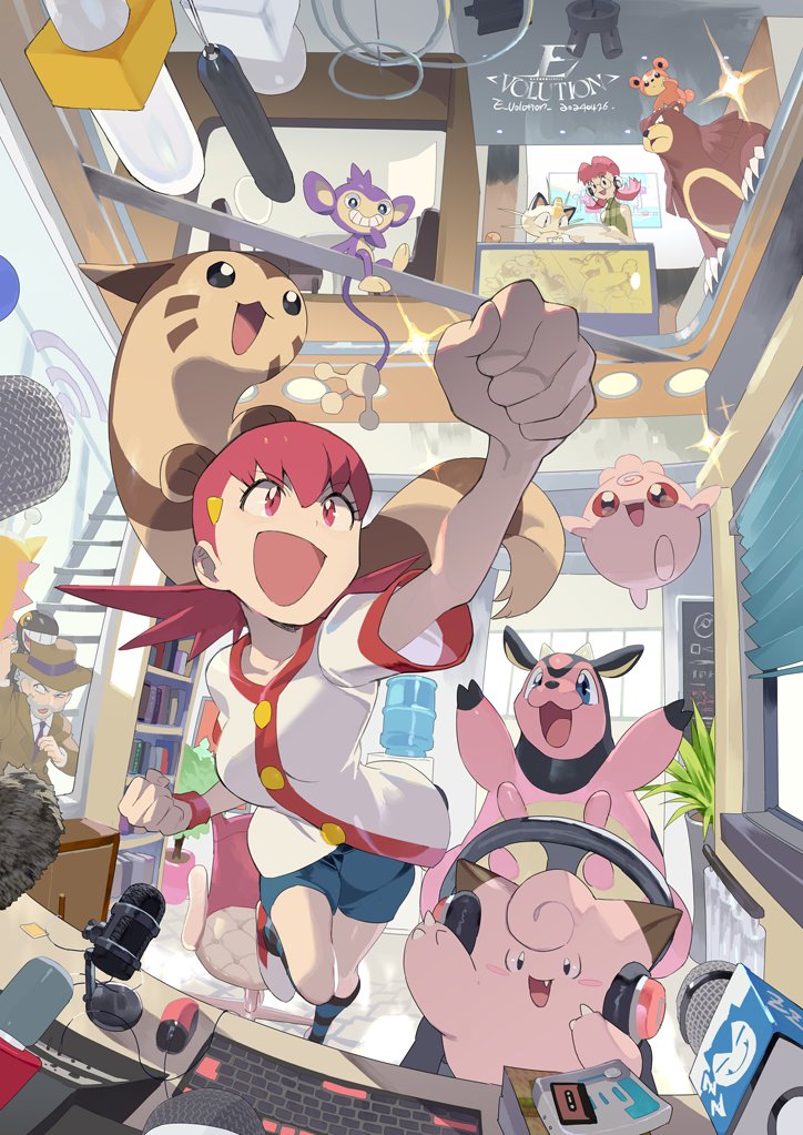 1boy 2girls :d aipom arm_up artist_logo artist_name biting blue_shorts bookshelf brown_hat buttons clefairy colored_skin computer computer_keyboard computer_mouse cow dj_mary_(pokemon) e_volution excited eyelashes fedora ferret furret gen_1_pokemon gen_2_pokemon girafarig hair_ornament hairclip hat headphones igglybuff indoors logo long_hair meowth microphone miltank monkey multiple_girls nintendo open_mouth pink_eyes pink_hair pink_skin plant pokemon pokemon_(creature) pokemon_hgss potted_plant shirt shoes short_sleeves shorts smile socks striped_clothes striped_socks teddiursa twintails ursaring water_cooler white_shirt whitney_(pokemon) window wristband