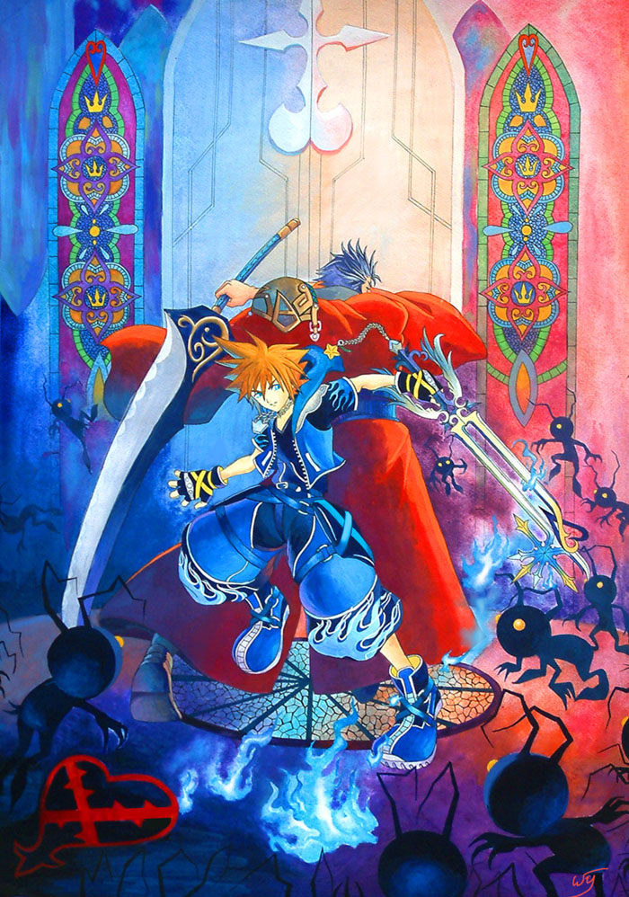 00s 2boys alternate_color alternate_costume auron back-to-back colorful diamond_dust_(omega) epic final_fantasy final_fantasy_x heartless keyblade kingdom_hearts kingdom_hearts_ii male_focus multiple_boys oathkeeper shadow_(kingdom_hearts) sora_(kingdom_hearts) spiked_hair stained_glass sword weapon