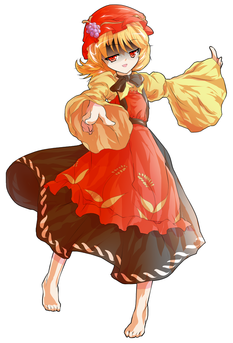 1girl aki_minoriko apron barefoot black_skirt blonde_hair dairi full_body hat pointing print_apron red_apron red_hat shirt short_hair skirt solo tachi-e touhou wheat_print wide_sleeves yellow_shirt