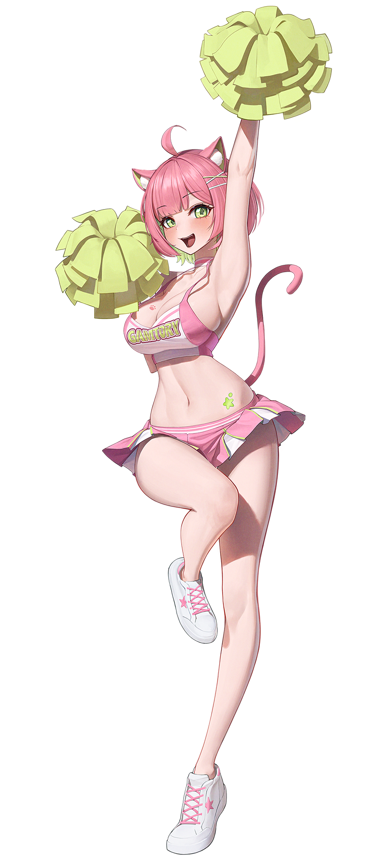 1girl :d ahoge animal_ears arm_up bare_shoulders blush breasts cat_ears cat_tail cheerleader cleavage commentary full_body green_eyes hantata highres large_breasts looking_at_viewer navel open_mouth pink_hair pleated_skirt pom_pom_(cheerleading) remind shoes short_hair simple_background skirt smile sneakers solo sports_bra standing standing_on_one_leg star_sticker sticker_on_stomach stomach tail virtual_youtuber white_background white_shoes