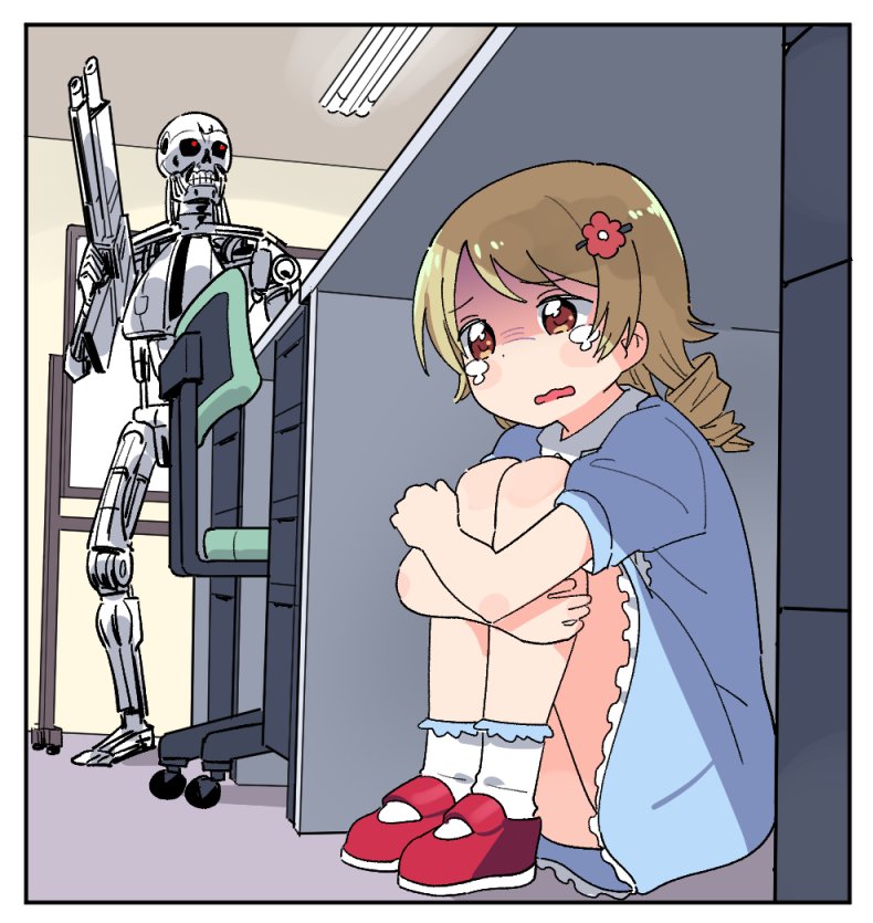 1girl anime_girl_hiding_from_a_terminator_(meme) assault_rifle blonde_hair blue_dress blush blush_stickers bobby_socks border bullpup ceiling ceiling_light chair child collar commentary crossover crying cyborg desk directed-energy_weapon dot_nose dress drill_hair endo_battle_rifle energy_gun energy_weapon flower fluorescent_lamp frilled_dress frilled_legwear frills gun hair_flower hair_ornament hairclip hiding holding holding_weapon hugging_own_legs idolmaster idolmaster_cinderella_girls indoors knees_up m95_phased_plasma_rifle mary_janes medium_dress meme morikubo_nono office office_chair on_floor open_mouth orange_eyes parody phased_plasma_rifle plasma_gun plasma_rifle puffy_sleeves red_footwear rifle ringlets robot scared science_fiction shaded_face shoes short_sleeves sitting skeleton socks solo_focus standing swivel_chair t-800 tearing_up tears terminator_(series) the_terminator tonmoh under_table wavy_mouth weapon westinghouse_automated_manufactory westinghouse_m95_phased_plasma_rifle white_border white_collar white_legwear white_socks whiteboard