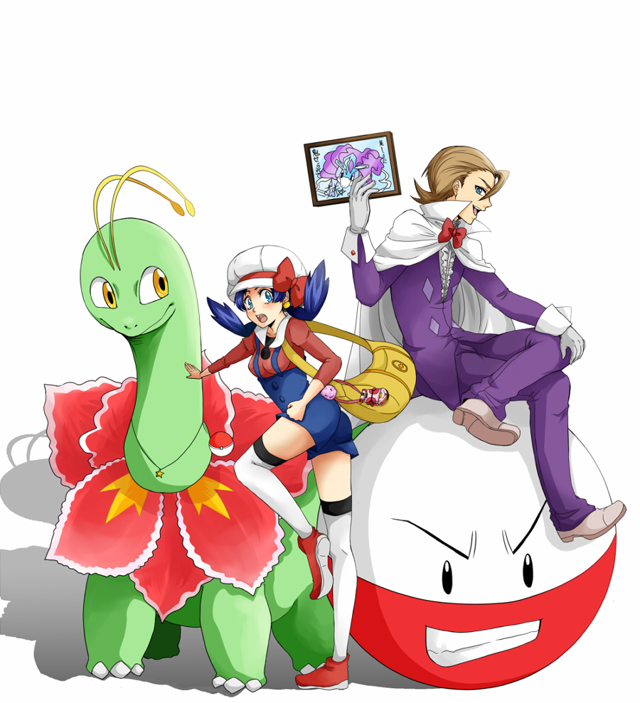 1boy 1girl bad_id bad_pixiv_id bag blue_eyes blue_hair blush electrode_(pokemon) eusine_(pokemon) gen_1_pokemon gen_2_pokemon gloves jewelry kris_(pokemon) legendary_pokemon meganium minto necklace nintendo open_mouth poke_ball pokegear pokemon pokemon_(creature) pokemon_adventures ribbon sitting standing standing_on_one_leg suicune thighhighs twintails