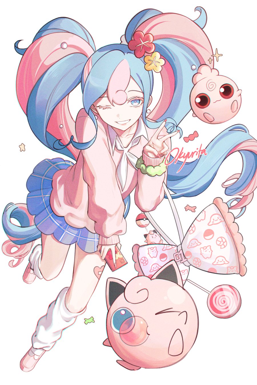 character_doll clefairy creatures_(company) fairy_miku_(project_voltage) game_freak gen_1_pokemon gen_2_pokemon hatsune_miku highres igglybuff jigglypuff long_hair nintendo okyurita pokemon pokemon_(creature) project_voltage twintails very_long_hair vocaloid