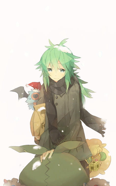 10s 1boy alternate_costume bad_id bad_pixiv_id gen_5_pokemon green_eyes green_hair hat image_sample kashi_(number) n_(pokemon) nintendo pixiv_sample pokemon pokemon_(creature) pokemon_bw santa_hat scarf trubbish whimsicott woobat