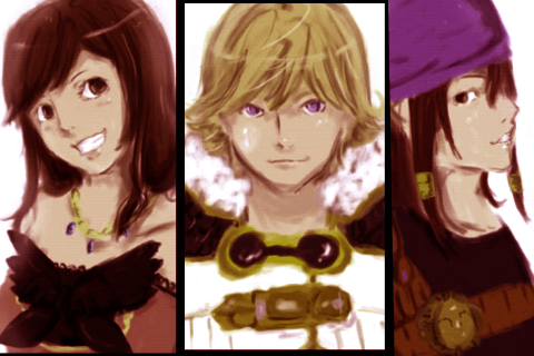 1boy 2girls belle_(cc) blonde_hair blue_eyes brown_eyes brown_hair clavat crystal final_fantasy final_fantasy_crystal_chronicles final_fantasy_crystal_chronicles_the_crystal_bearers goggles keiss layle lowres multiple_girls red_hair selkie