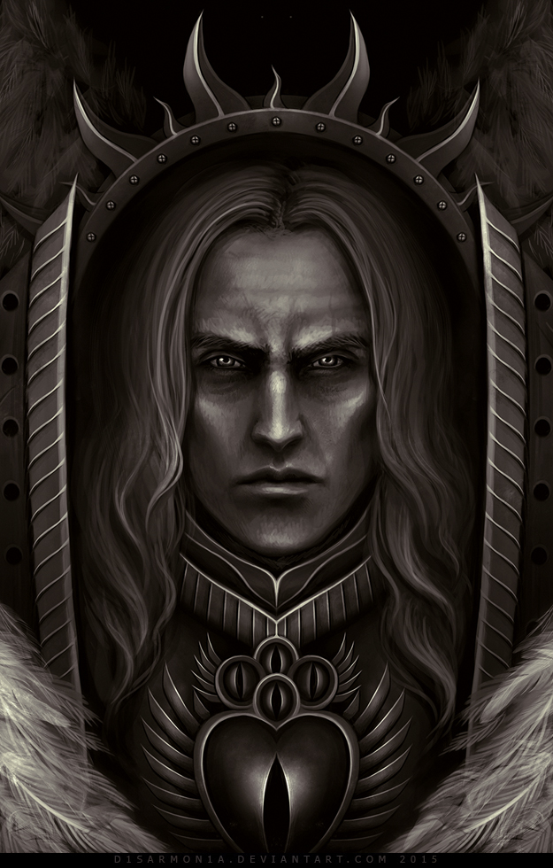 1boy angel angel_wings armor black_background blood_angels breastplate closed_mouth commentary dated deviantart_username english_commentary eyes_of_horus_(warhammer_40k) feathered_wings long_hair looking_at_viewer male_focus monochrome portrait power_armor primarch regalia_resplendent sanguinius simple_background solo straight-on veronica_anrathi warhammer_40k watermark web_address wings
