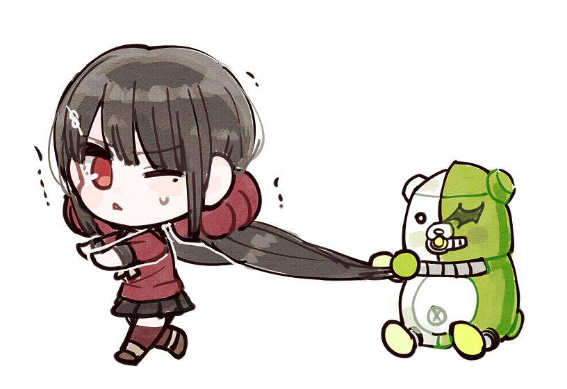 1girl animal bear belly black_hair blouse danganronpa_(series) danganronpa_v3:_killing_harmony fc grabbing_another&#039;s_hair grabbing_another&#039;s_twintails hair_ornament hairpin harukawa_maki long_hair miniskirt mole mole_under_eye monodam navel one_eye_closed red_eyes red_shirt robot school_uniform serafuku shirt shoes simple_background skirt socks thighhighs twintails white_background wink
