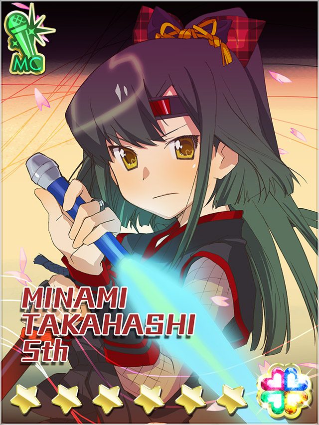 1girl akb0048 bow card_(medium) character_name closed_mouth ebata_risa fishnets from_side glowstick green_eyes hair_bow heart high_ponytail holding holding_glowstick long_hair looking_at_viewer ninja non-web_source official_art ponytail solo star_(symbol) takahashi_minami_(akb0048) upper_body v-shaped_eyebrows yellow_eyes