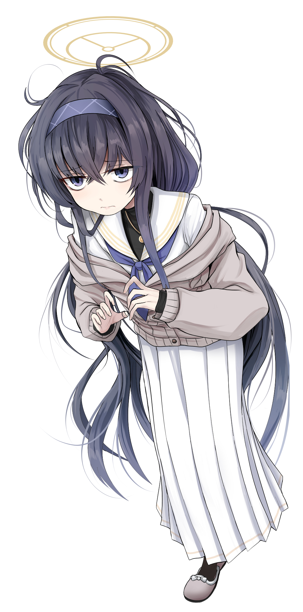 1girl black_hair blue_archive blue_eyes blue_hairband footwear_ribbon full_body hairband halo highres kurona long_hair long_sidelocks long_skirt low_twintails sidelocks simple_background skirt solo twintails ui_(blue_archive) very_long_hair white_background white_skirt yellow_halo