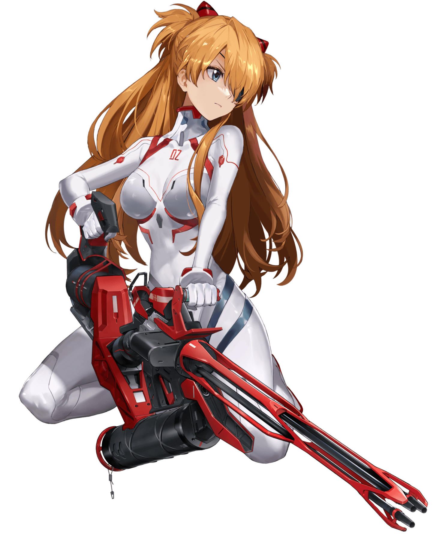 1girl :< artist_collaboration blue_eyes bodysuit breasts brown_hair curvy evangelion:_3.0+1.0_thrice_upon_a_time eyepatch goddess_of_victory:_nikke highres holding holding_weapon interface_headset_(evangelion) long_hair mecha_pilot_suit neon_genesis_evangelion official_art plugsuit_(evangelion) rebuild_of_evangelion serious shiny_clothes simple_background skin_tight souryuu_asuka_langley squatting third-party_edit transparent_background two_side_up very_long_hair weapon white_bodysuit wide_hips