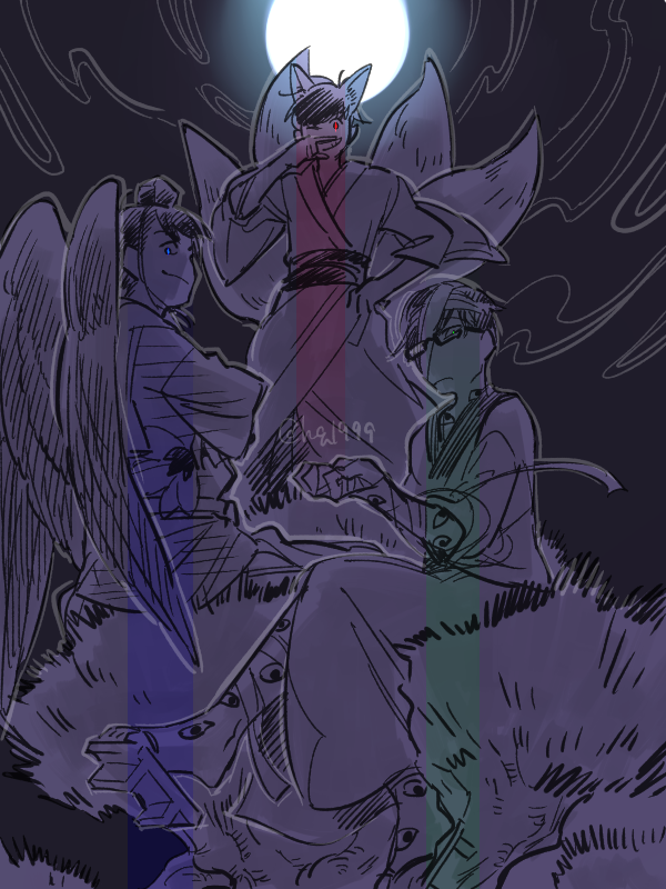 3boys bandaged_arm bandaged_head bandages bespectacled blue_eyes crossed_arms doumeki extra_eyes finger_to_own_nose full_moon geta glasses green_eyes grin hand_on_own_hip japanese_clothes kimono kitsune looking_at_viewer male_focus matsuno_choromatsu matsuno_karamatsu matsuno_osomatsu moon multiple_boys osomatsu-san osomatsu_(series) red_eyes smile tamago_toji tengu tengu-geta yukata