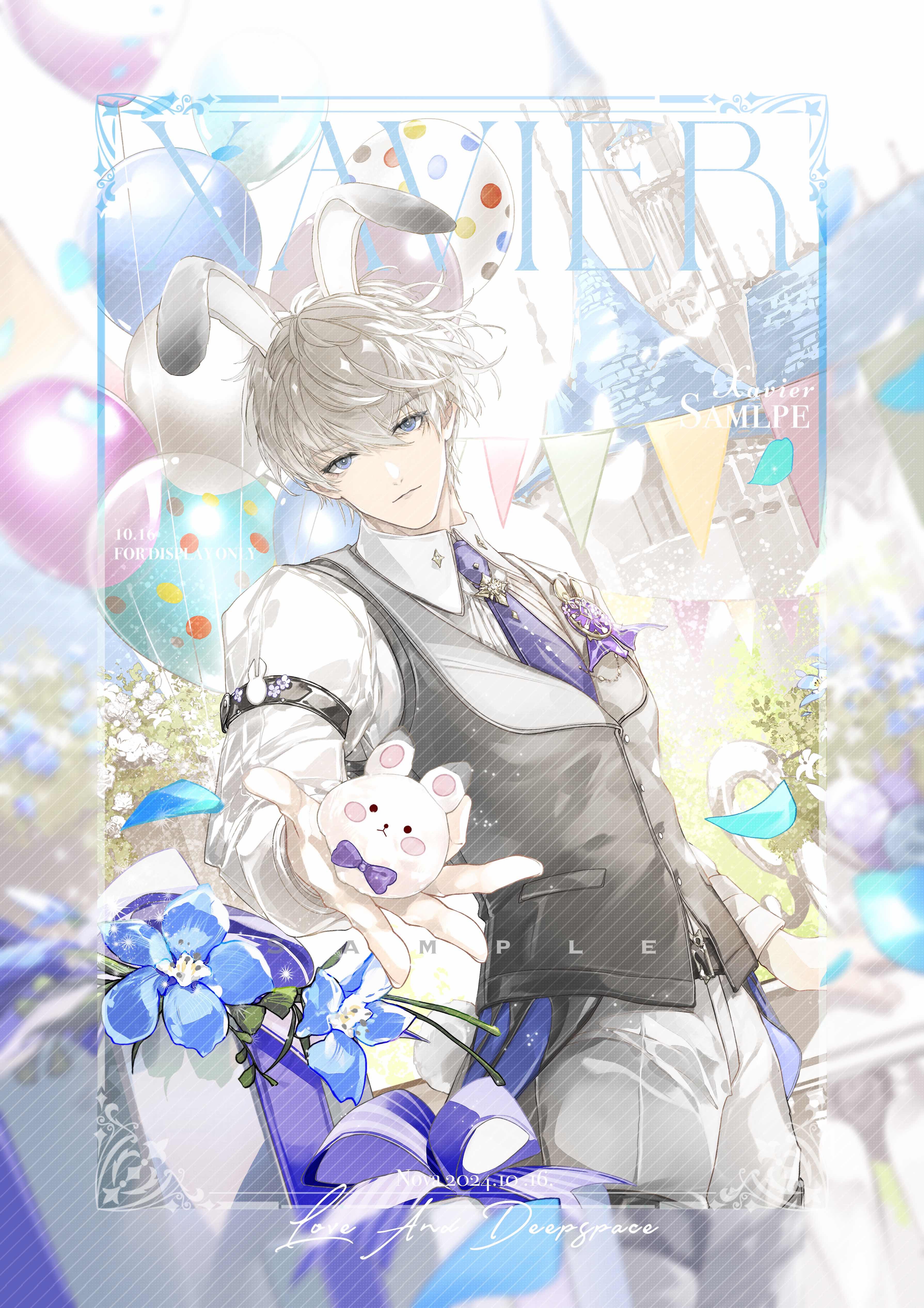 1boy absurdres animal animal_ears balloon blue_eyes blue_flower blurry_border box building character_name chinese_commentary closed_mouth collared_shirt copyright_name cowboy_shot dated day falling_petals flower gift gift_box giving grey_hair grey_vest hair_between_eyes highres holding holding_animal holding_rabbit holding_stuffed_toy lapel_pin lapels light_smile long_sleeves looking_at_viewer love_and_deepspace male_focus necktie nnnnnova pants petals procreate_(medium) purple_necktie purple_ribbon rabbit rabbit_ears rabbit_tail ribbon shawl_lapels shirt short_hair sleeve_garter solo standing stuffed_animal stuffed_rabbit stuffed_toy tail thigh_strap vest white_flower white_pants white_shirt xavier_(love_and_deepspace)