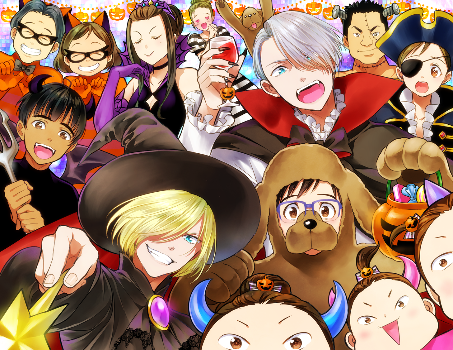 6+boys 6+girls ^_^ alcohol animal_costume black_hair blonde_hair blue-framed_eyewear blue_eyes bolt_(hardware) bow bowtie brown_eyes brown_hair candy cape closed_eyes cup demon_horns demon_wings dog dog_costume drinking_glass elbow_gloves eyepatch fake_horns fangs fingernails food glasses gloves grin hair_bun hair_ornament hair_over_one_eye halloween hat heart heart-shaped_eyes horns jack-o'-lantern jack-o'-lantern_hair_ornament katsuki_hiroko katsuki_mari katsuki_toshiya katsuki_yuuri kisaragi_mizu makkachin mole mole_under_eye multiple_boys multiple_girls nishigoori_axel nishigoori_loop nishigoori_lutz nishigoori_takeshi nishigoori_yuuko okukawa_minako open_mouth own_hands_clasped own_hands_together phichit_chulanont pirate_hat ponytail purple_gloves sharp_fingernails silver_hair single_hair_bun smile viktor_nikiforov wand wine wine_glass wings witch_hat yuri!!!_on_ice yuri_plisetsky