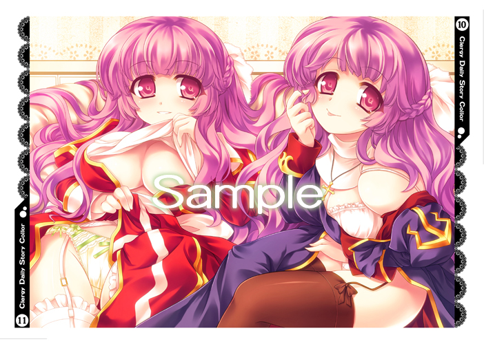 2girls :p blush bra braid breasts brown_thighhighs cleavage closed_mouth commentary_request cowboy_shot dress garter_straps half_up_braid high_priest_(ragnarok_online) juliet_sleeves large_breasts long_hair long_sleeves looking_at_viewer mini_koala multiple_girls panties pink_eyes pink_hair priest_(ragnarok_online) puffy_sleeves purple_dress ragnarok_online red_dress sample_watermark smile thighhighs tongue tongue_out two-tone_dress underboob underwear undressing watermark white_bra white_dress white_panties white_thighhighs