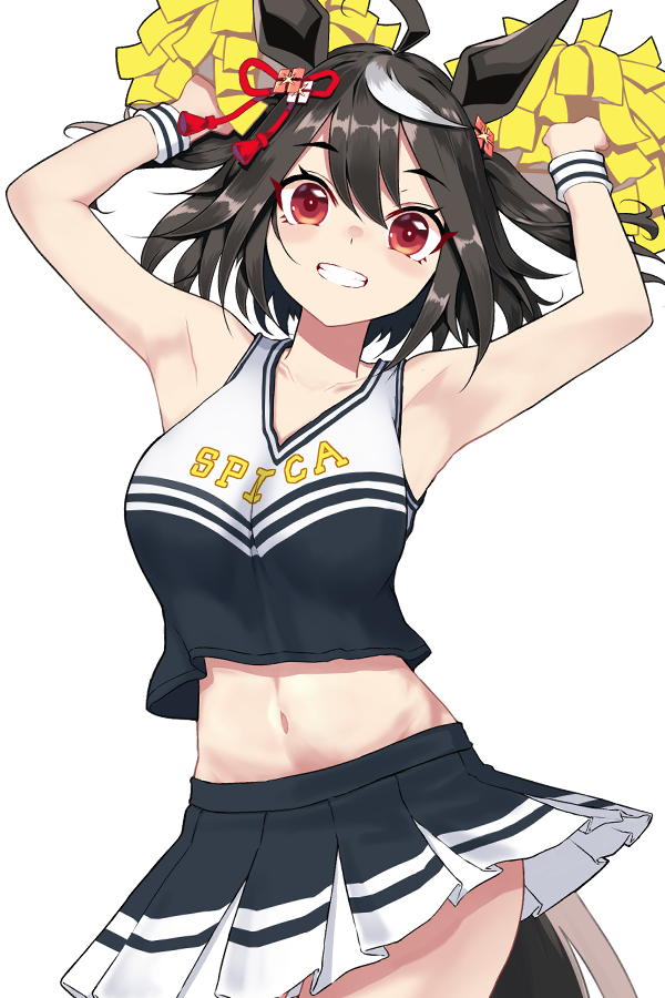 1girl ahoge alternate_costume animal_ears armpits arms_up bare_shoulders black_hair black_shirt black_skirt brown_eyes cheerleader collarbone commentary cowboy_shot grin hair_ornament holding holding_pom_poms horse_ears horse_girl horse_tail kitasan_black_(umamusume) looking_at_viewer midriff multicolored_shirt multicolored_skirt navel pleated_skirt pom_pom_(cheerleading) pom_poms rope shimenawa shirt short_hair simple_background skirt sleeveless sleeveless_shirt smile solo tail tsuru_(tsubasa1993621) two_side_up umamusume white_background white_hair