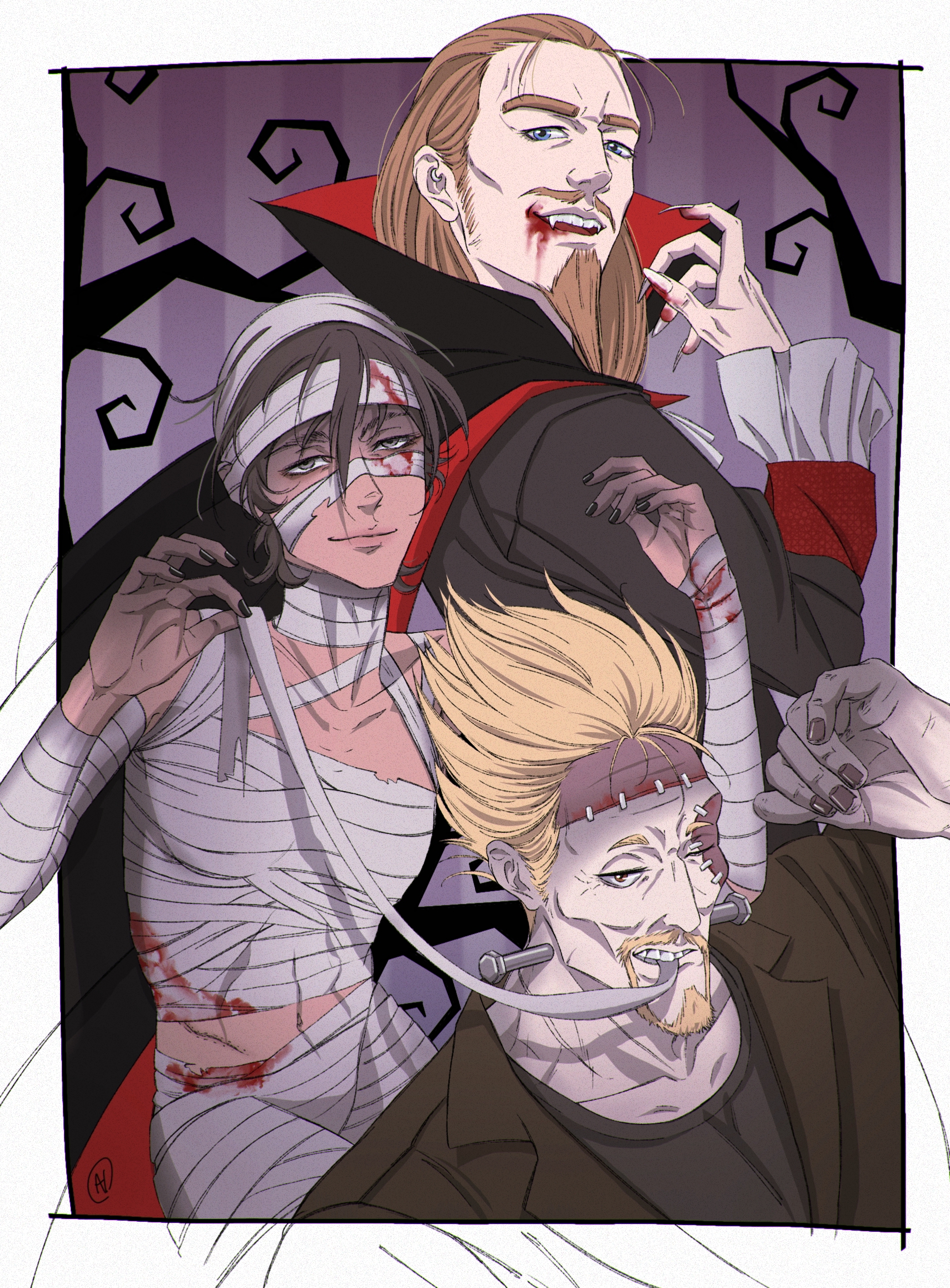 3boys asgeir bare_tree beard black_hair black_nails black_shirt blonde_hair blood blood_on_face blood_on_mouth brown_hair character_request cheekbones cosplay dracula dracula_(cosplay) facial_hair frankenstein's_monster frankenstein's_monster_(cosplay) hair_between_eyes hair_over_one_eye halloween hand_up haneen_(7anenoh) highres looking_at_viewer male_focus multiple_boys mummy_costume mustache object_through_head screw_in_head shirt stitches thick_eyebrows thorkell tree vinland_saga zombie