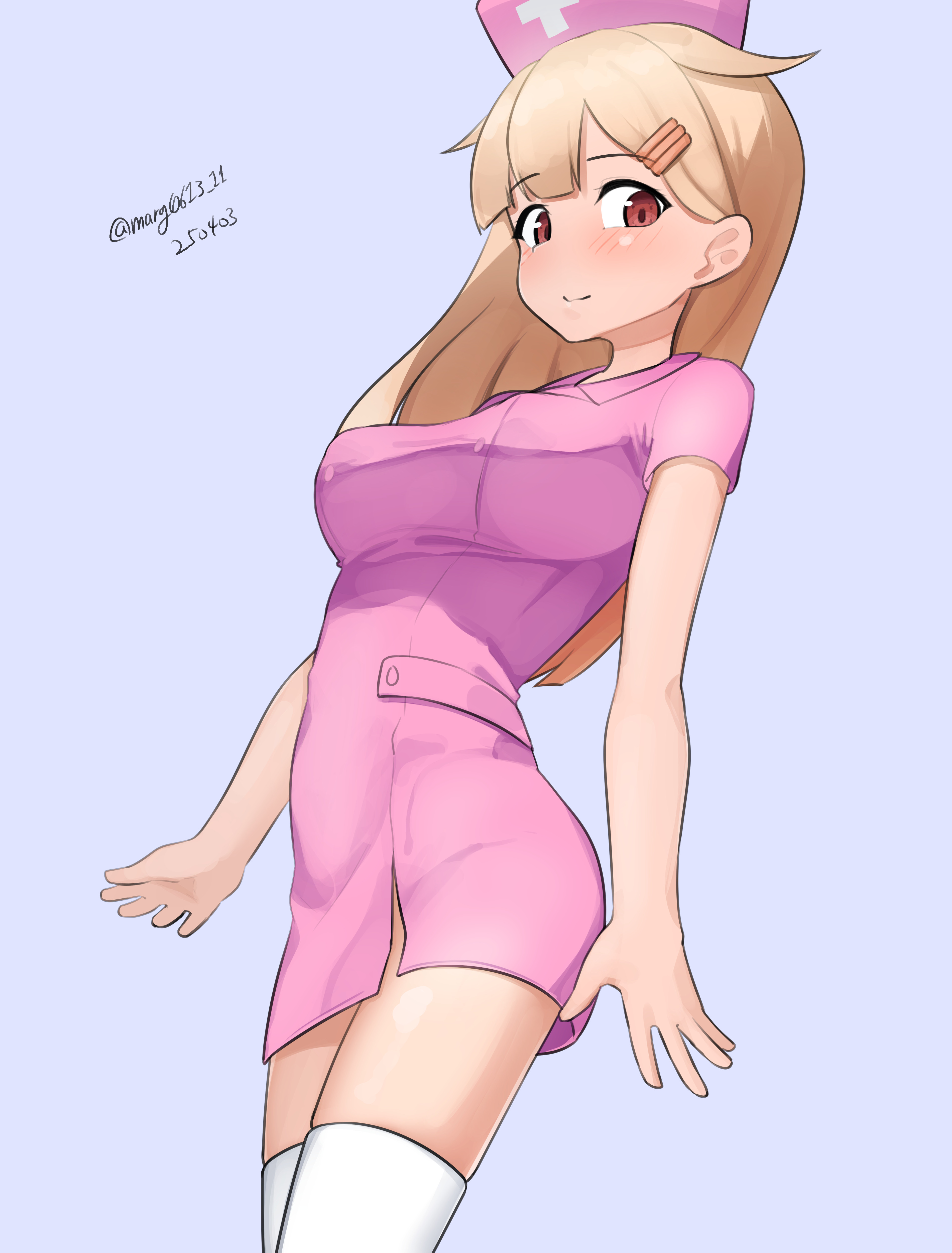 1girl absurdres alternate_costume blonde_hair blue_background breasts dated dress hair_flaps hair_ornament hairclip hat highres kantai_collection large_breasts long_hair maru_(marg0613) nurse nurse_cap one-hour_drawing_challenge pink_dress pink_hat red_eyes solo standing thighhighs twitter_username white_thighhighs yuudachi_(kancolle) yuudachi_kai_ni_(kancolle)