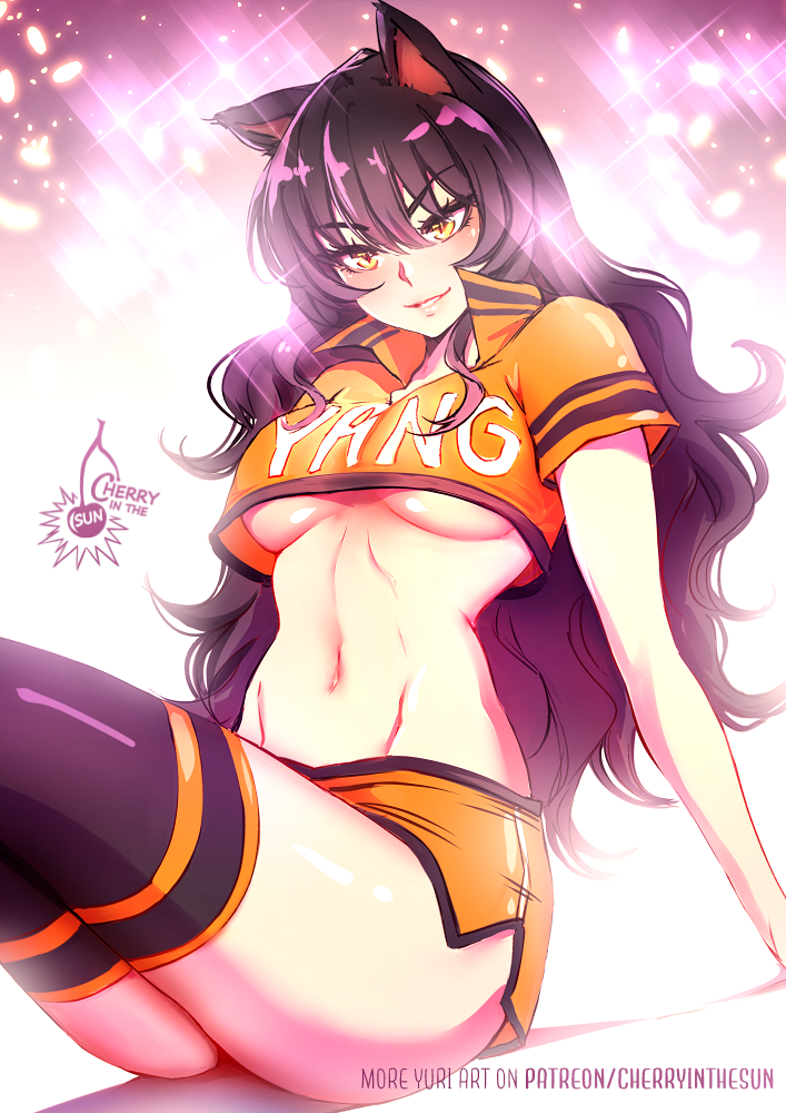 1girl animal_ears arm_support black_hair black_shirt black_thighhighs black_trim blake_belladonna breasts cat_ears cat_girl character_name cherry_in_the_sun clip_studio_paint_(medium) clothes_writing collared_shirt commentary cowboy_shot cropped_shirt english_commentary hair_between_eyes long_hair looking_at_viewer medium_breasts microskirt navel orange_shirt orange_skirt orange_trim parted_lips patreon_username rwby shirt short_sleeves signature sitting skirt smile solo sparkle stomach thighhighs two-tone_shirt underboob watermark web_address yellow_eyes