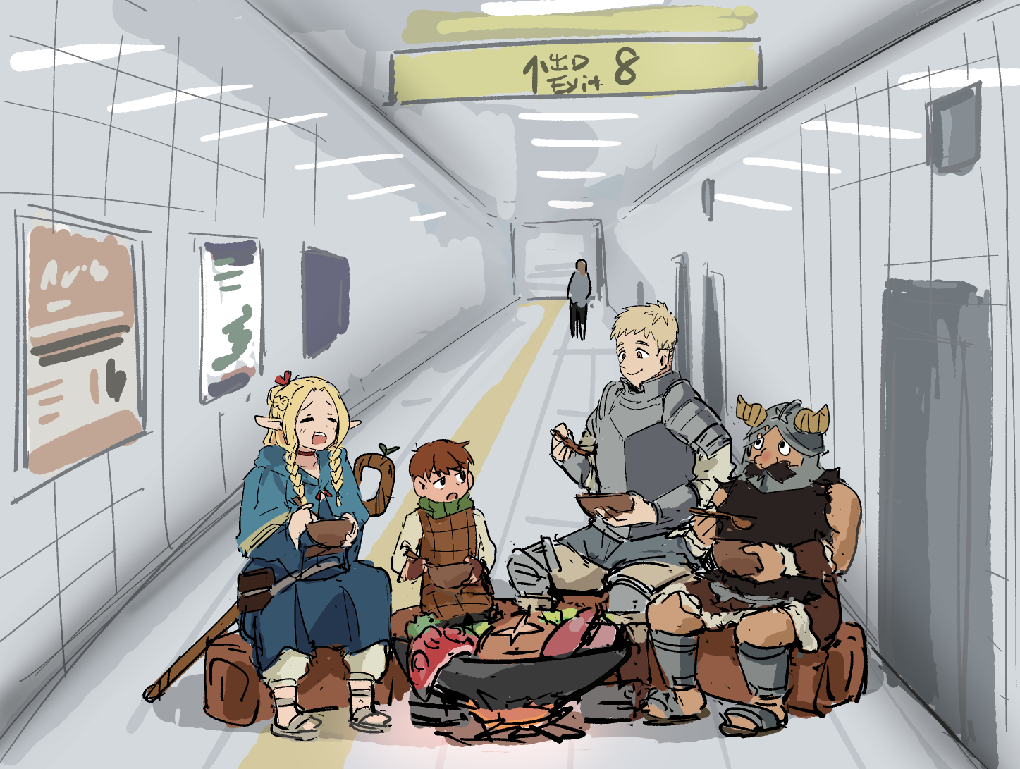 1girl 3boys ambrosia_(dungeon_meshi) armor beard blonde_hair blue_capelet blue_robe bowl braid brown_hair campfire capelet ceiling ceiling_light chilchuck_tims commentary cooking dungeon_meshi eating elf exit_sign facial_hair fake_horns fluorescent_lamp full_body green_scarf helmet holding holding_bowl holding_spoon horned_helmet horns indoors laios_touden leather_armor long_beard long_hair looking_at_another marcille_donato movie_poster_(object) multiple_boys plate_armor pointy_ears robe sandals scarf senshi_(dungeon_meshi) short_hair sitting sketch smile spoon subway_station tactile_paving tenten_(chan4545) the_exit_8 thick_beard tile_ceiling tile_floor tile_wall tiles tunnel very_long_beard