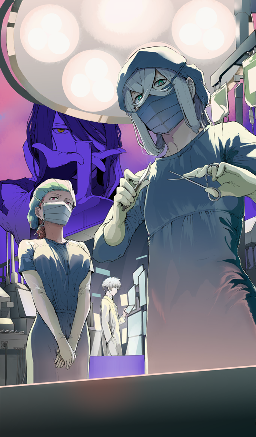 1girl 3boys asclepius_(fate) between_fingers blue_hat breasts brown_hair charles-henri_sanson_(fate) coat commentary_request covered_mouth crossed_bangs doctor elbow_gloves fate/grand_order fate_(series) flask florence_nightingale_(fate) gloves green_eyes hair_between_eyes hair_over_one_eye hand_in_pocket hat holding holding_flask holding_scalpel holding_scissors holding_tablet_pc hospital intravenous_drip lab_coat large_breasts long_hair long_sleeves looking_down male_focus mask mouth_mask multiple_boys official_alternate_costume official_art one_eye_covered paracelsus_von_hohenheim_(fate) parody red_eyes scissors servant_summer_festival!_2023 short_hair short_sleeves sidelocks standing super_doctor_k surgeon surgical_cap surgical_gown surgical_mask surgical_scissors syatey tablet_pc third-party_source v_arms white_coat white_gloves white_hair