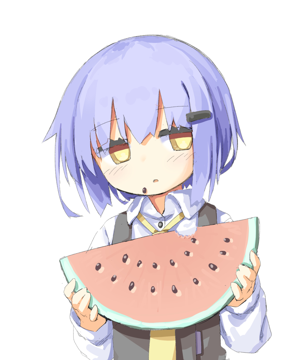 1girl :o bad_id bad_twitter_id black_vest blue_hair blush collared_shirt commentary_request eating eyes_visible_through_hair food food_bite food_on_face fruit hair_ornament hairclip half-closed_eyes hands_up hassai highres holding holding_food holding_fruit holding_watermelon long_sleeves looking_at_viewer looking_to_the_side necktie no_nose no_pupils original parted_lips puffy_long_sleeves puffy_sleeves shirt short_hair simple_background solo thick_eyelashes upper_body vest w_arms watermelon watermelon_seeds watermelon_slice white_background white_shirt wing_collar yellow_eyes yellow_necktie
