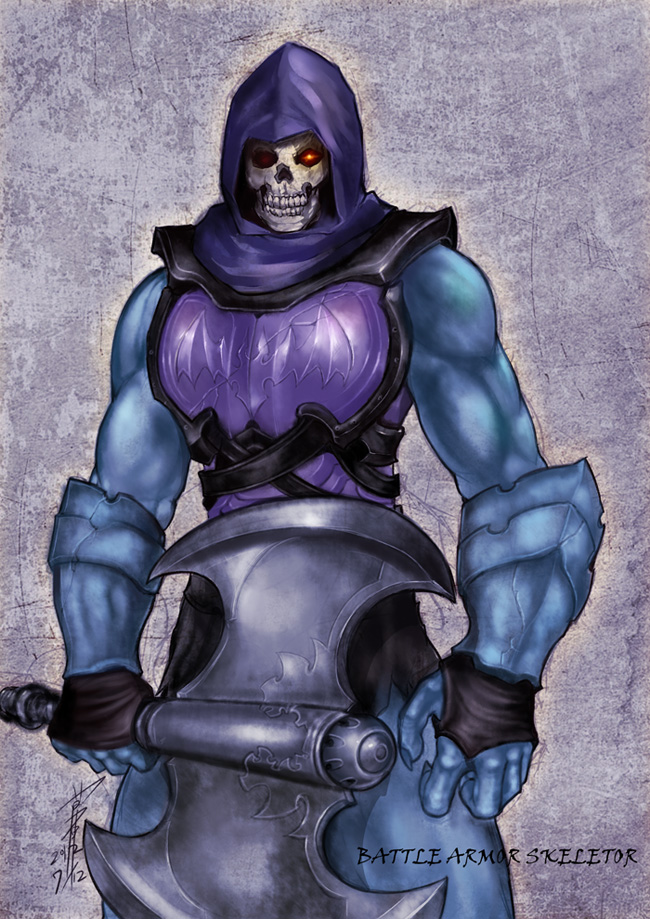 1boy arm_guards armor axe bad_id bad_pixiv_id character_name fantasy glowing glowing_eye hood kusagami_style male_focus masters_of_the_universe muscular realistic signature skeletor skull solo weapon