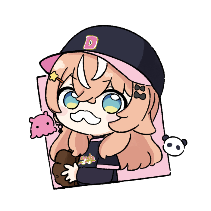 1girl baseball_cap baseball_glove black_bow black_hat black_shirt blue_eyes blush_stickers bow brown_hair chibi commentary fake_facial_hair fake_mustache hair_between_eyes hair_bow hair_ornament hairclip hat igarashi_rika layered_sleeves long_hair long_sleeves looking_at_viewer multicolored_hair nijisanji nozo_(hitomiz) pink_background shirt short_over_long_sleeves short_sleeves solo star_(symbol) star_hair_ornament streaked_hair upper_body virtual_youtuber white_background white_hair