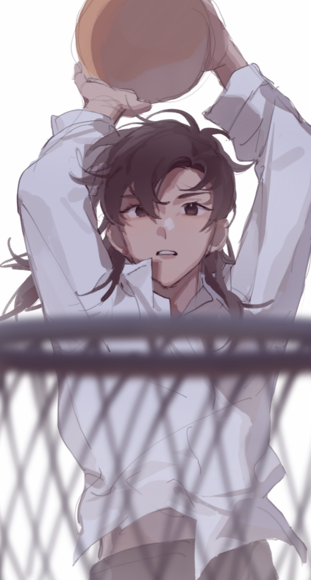 1girl antenna_hair arms_up ball basketball basketball_(object) basketball_hoop black_eyes black_hair blurry blurry_foreground calamine_black cheng_xiaoshi chinese_commentary collared_shirt commentary_request genderswap genderswap_(mtf) hair_between_eyes highres holding holding_ball long_hair long_sleeves looking_at_viewer midriff_peek navel open_mouth pants parted_lips shiguang_dailiren shirt simple_background slam_dunk_(basketball) solo teeth white_background white_shirt