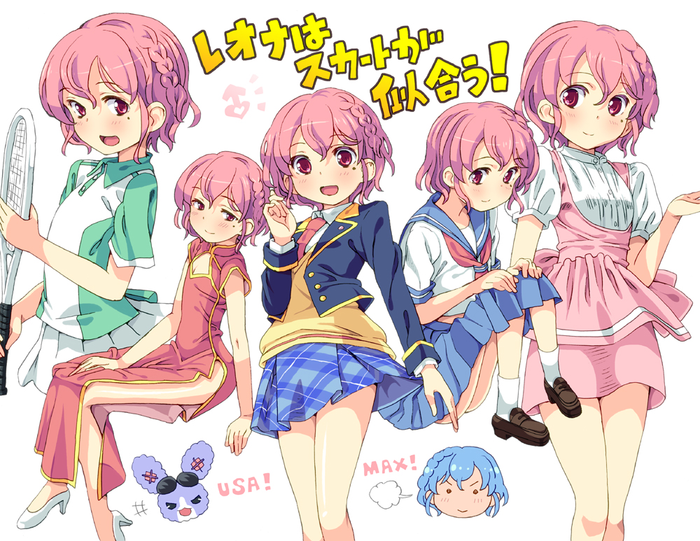 1boy 1girl alternate_costume apron bishounen blue_hair blue_skirt braid check_commentary check_translation chibi chibi_inset china_dress chinese_clothes commentary_request crossdressing dorothy_west dress english_text frilled_apron frills green_shirt heart high_heels homing_(areya) male_focus mars_symbol miniskirt mole mole_on_cheek mole_under_eye necktie open_mouth pink_apron pink_eyes pink_hair pink_skirt pleated_skirt polo_shirt pretty_series pripara racket red_dress reona_west school_uniform serafuku shirt short_hair short_sleeves side_braid single_braid skirt tennis_racket tennis_skirt thighs translation_request trap two-tone_shirt white_shirt white_skirt