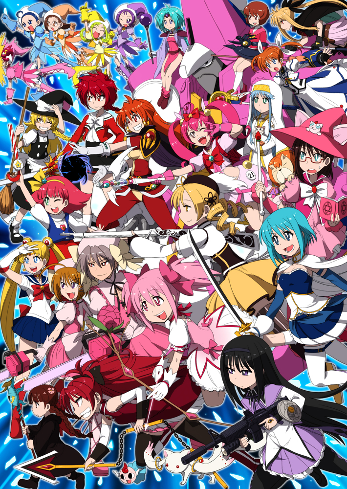 00s 10s 1boy 6+girls :d ;d ahoge aikawa_ayumu akemi_homura akemi_homura_(magical_girl) aqua_hair arm_up arm_warmers assault_rifle asuka_momoko azazel_(azazel-san) bardiche_(nanoha) beret bishoujo_senshi_sailor_moon black_dress black_hair black_legwear blonde_hair blue_background blue_dress blue_eyes blue_hair blue_sailor_collar book boots bow bow_(weapon) braid broom brown_hair bubble_skirt candy candy_cane cape cat chain chainsaw choker circlet closed_eyes corset creature crossover demon double_bun dress drill_hair earrings everyone expressionless fate_testarossa fingerless_gloves flashlight flipped_hair flower food fujiwara_hazuki gipple glasses gloves grey_hair grin gun hair_bow hair_bun hair_flower hair_ornament hair_rings hairband hairpin haou_taikei_ryuu_knight harukaze_doremi haruna_(korezom) hat hexagram hoshikuzu_witch_meruru index_(toaru_majutsu_no_index) jewelry kaname_madoka kaname_madoka_(magical_girl) kirisame_marisa kore_wa_zombie_desu_ka? kukuri_(mahoujin_guruguru) kyubey lina_inverse lion long_hair lyrical_nanoha m/ m4_carbine magic_knight_rayearth magical_girl magical_musket magidora mahou_no_princess_minky_momo mahou_shoujo_lyrical_nanoha mahou_shoujo_madoka_magica mahou_shoujo_madoka_magica_(anime) mahou_tsukai_sally mahoujin_guruguru matsumoto_tomoyohi mecha meruru_(oreimo) miki_sayaka miki_sayaka_(magical_girl) minky_momo mouth_hold multiple_crossover multiple_girls ojamajo_doremi one_eye_closed open_mouth orange_hair ore_no_imouto_ga_konna_ni_kawaii_wake_ga_nai paffy_pafuricia pantyhose pink_dress pink_eyes pink_hair pink_hat pink_skirt pocky polearm ponytail purple_dress purple_eyes purple_skirt raising_heart red-framed_eyewear red_bow red_eyes red_hair ribbon rifle robot sailor_collar sailor_moon sakuma_rinko sakura_kyoko sakura_kyoko_(magical_girl) school_uniform segawa_onpu senoo_aiko shidou_hikaru shoes short_hair sitting skirt slayers smile spear sweat sword takamachi_nanoha thighhighs tiara toaru_majutsu_no_index tomoe_mami tomoe_mami_(magical_girl) touhou trait_connection tsukino_usagi twin_braids twin_drills twintails v wand weapon white_legwear wink witch_hat yellow_dress yellow_eyes yellow_skirt yondemasu_yo_azazel-san. yumeno_sally