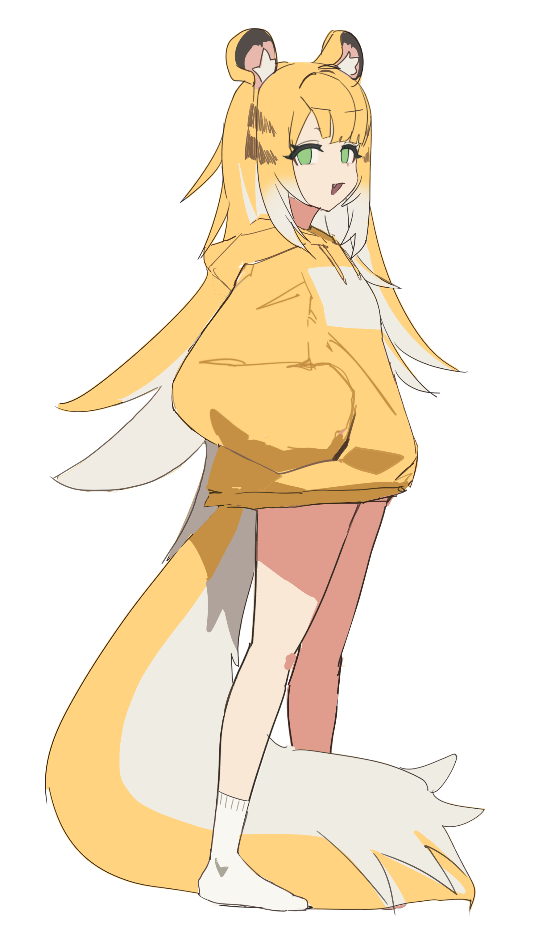 1girl absurdres alternate_costume animal_ears full_body green_eyes gya_rb hands_in_pockets highres ju_fufu long_hair looking_at_viewer simple_background solo standing tail thighs tiger_ears tiger_girl tiger_tail very_long_hair white_background zenless_zone_zero