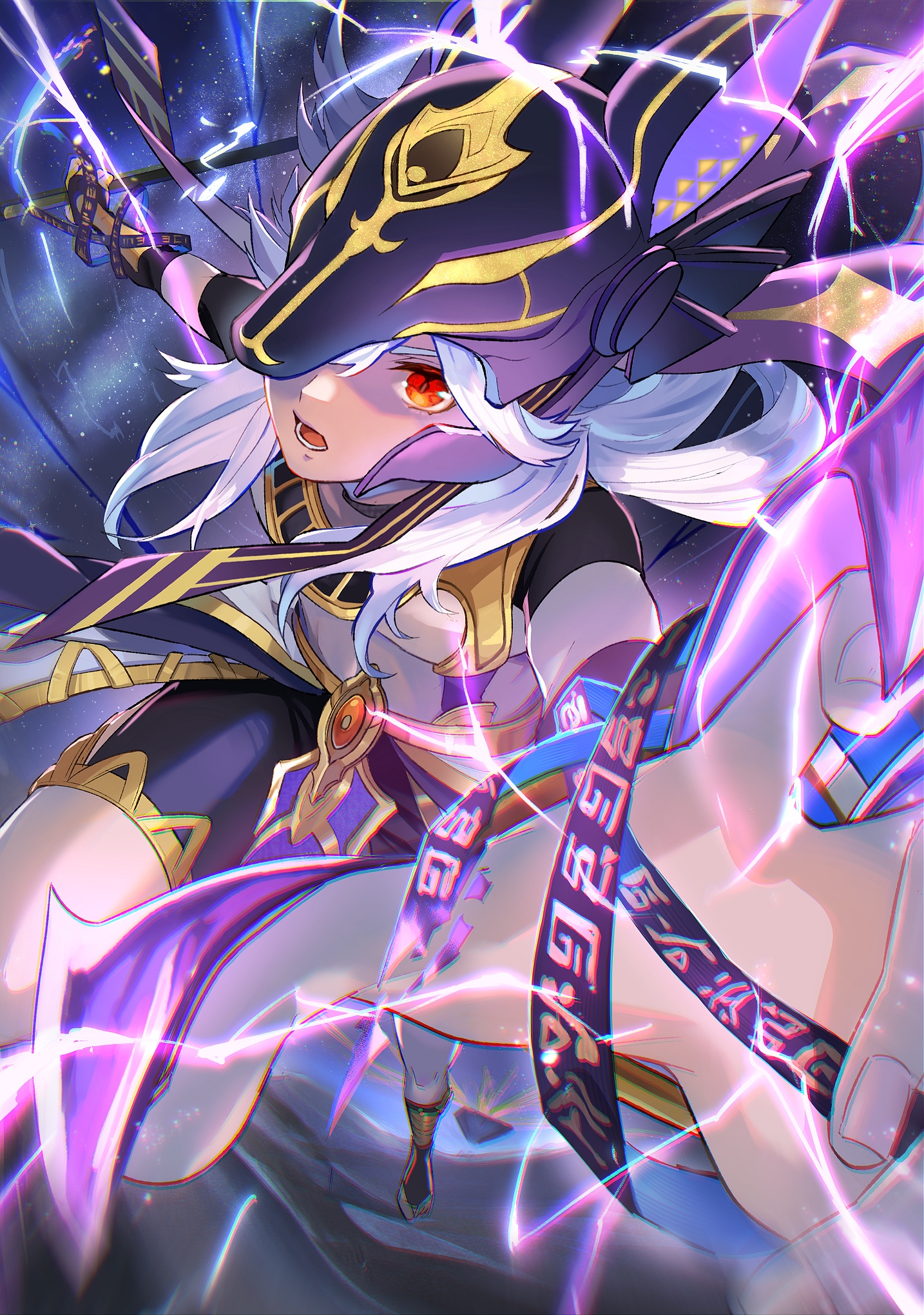 1boy animal_ears animal_ears_helmet animal_helmet black_choker black_shorts bridal_legwear choker commentary_request crop_top cyno_(genshin_impact) dark-skinned_male dark_skin desert electricity electrokinesis energy_claws fake_animal_ears genshin_impact gold_belt gold_trim grey_hair hair_over_one_eye highres jackal_ears jewelry lappet male_focus medium_hair night night_sky open_mouth orange_eyes pouncing red_eyes shorts sky solo toe_ring usekh_collar waist_cape xxchicoxxf