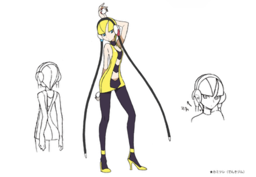 1girl 2024_pokemon_teraleak arm_at_side arm_behind_head arms_at_sides bare_arms black_choker black_pantyhose blonde_hair blue_eyes blunt_bangs breasts choker collarbone concept_art dress elesa_(pokemon) headphones high_heels low_neckline multiple_views nintendo official_art oomura_yuusuke pantyhose pokemon pokemon_bw shoes short_dress short_hair sleeveless sleeveless_dress third-party_source yellow_dress yellow_shoes