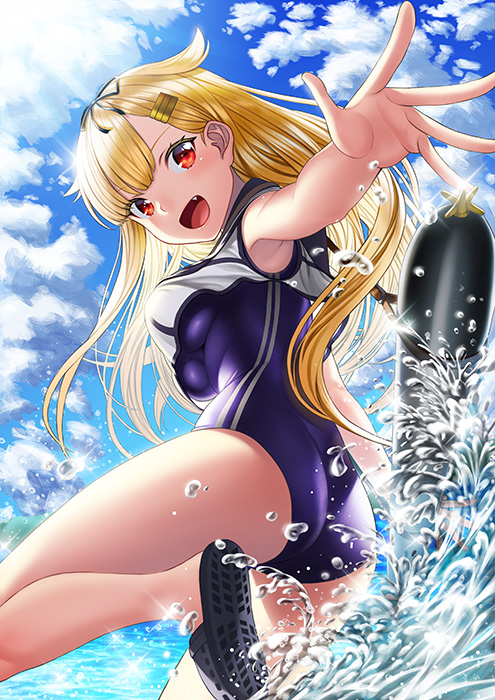 1girl :d alternate_costume ass beach blonde_hair blue_sky blush breasts cloud cosplay crop_top day diffraction_spikes fang hair_between_eyes hair_flaps hair_ornament hair_ribbon hairclip kantai_collection large_breasts long_hair looking_at_viewer ocean one-piece_swimsuit open_mouth outdoors red_eyes ribbon ro-500_(kancolle) ro-500_(kancolle)_(cosplay) sailor_collar school_swimsuit sky smile solo swimsuit swimsuit_under_clothes torpedo unowen water yuudachi_(kancolle)