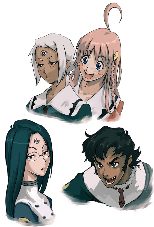 &gt;:d 00s 1boy 3girls :&gt; :d ahoge black_hair blue_eyes blue_hair blush blush_stickers braid dark-skinned_male dark_skin embarrassed flipped_hair freckles glasses green_eyes hair_ornament half-closed_eyes lal&#039;c_mellk_mal leaning long_hair looking_at_viewer multiple_girls necktie nichola_vacheron nono_(top_wo_nerae_2!) nyan_nok_cham open_mouth parted_lips pink_hair rimless_eyewear short_hair side_braid sidelocks simple_background smile st-retcher top_wo_nerae!_(series) top_wo_nerae_2! turtleneck v-shaped_eyebrows white_background white_hair yellow_eyes