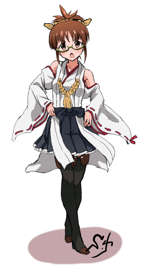 1girl :o akizuki_ritsuko bare_shoulders black_boots boots brown_eyes brown_hair cosplay crossed_legs detached_sleeves female_focus folded_ponytail full_body glasses green-framed_eyewear grey_skirt hands_on_own_hips head_tilt headgear high_heel_boots high_heels idolmaster idolmaster_(classic) kantai_collection kirishima_(kancolle) kirishima_(kancolle)_(cosplay) looking_at_viewer neck no_legwear nontraditional_miko open_mouth semi-rimless_eyewear serious shadow shift_(waage) short_hair skirt solo standing thigh_boots thighhighs watson_cross white_detached_sleeves wide_sleeves