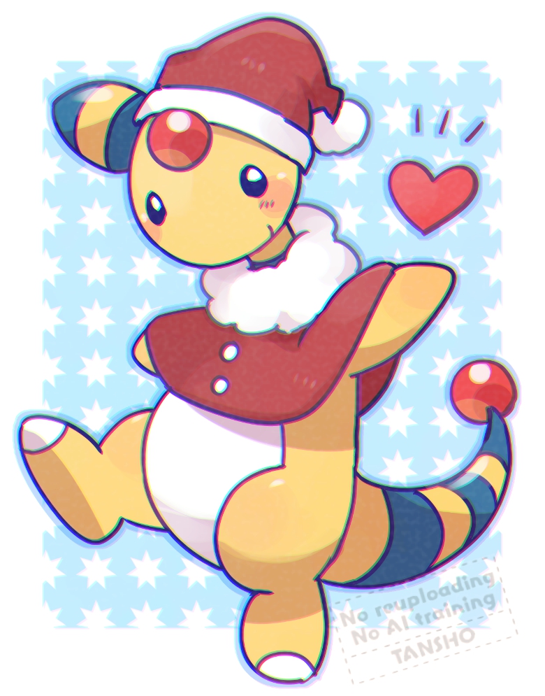 ampharos artist_name blush blush_stickers capelet closed_mouth clothed_pokemon commentary_request forehead_jewel full_body gen_2_pokemon hat heart nintendo no_humans pokemon pokemon_(creature) pokemon_focus red_capelet red_hat santa_hat smile solo standing standing_on_one_leg tansho