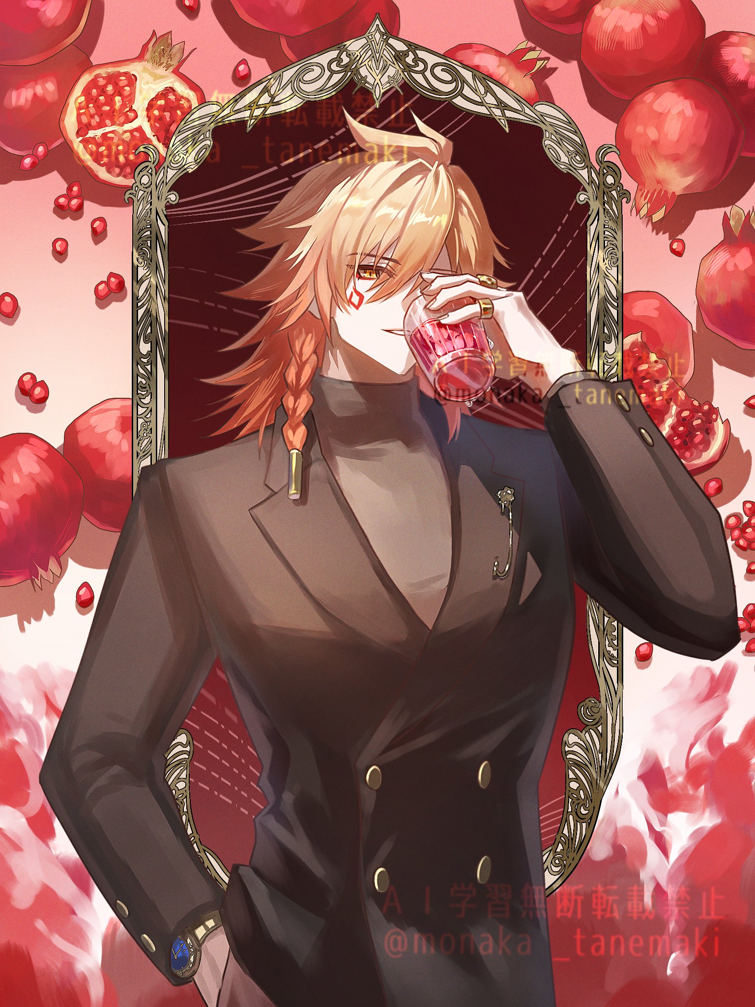 1boy black_suit buttons food formal_clothes fruit grin highres honkai:_star_rail honkai_(series) male_focus medium_hair messy mirror mydei_(honkai:_star_rail) orange_hair red_tattoo smile solo suit tanemaki_monaka teeth twitter_username watermark