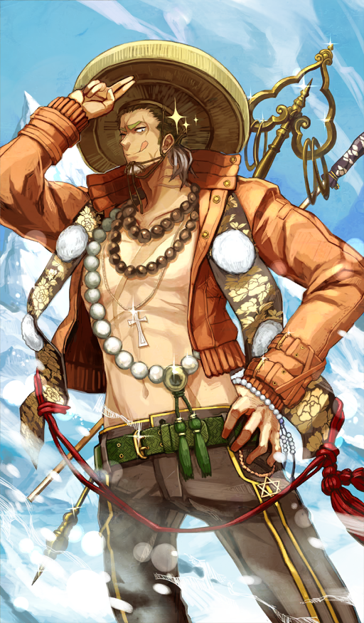 1boy ajirogasa bead_bracelet bead_necklace beads belt blue_background blue_sky bracelet brown_hair brown_hat brown_pants chin_strap commentary cowboy_shot cross cross_necklace day dutch_angle fate/extra fate/grand_order fate_(series) gatou_monji green_belt hand_on_own_hip hat hexagram jacket jewelry latin_cross long_sleeves male_focus medium_hair mountain multicolored_hair navel necklace official_art one_eye_closed open_clothes open_jacket orange_jacket outdoors pants polearm prayer_beads salute scar scar_on_chest shimadoriru sky smile snow solo sparkle spear star_of_david stole third-party_source tongue tongue_out topless_male two-finger_salute two-tone_hair weapon weapon_on_back white_hair