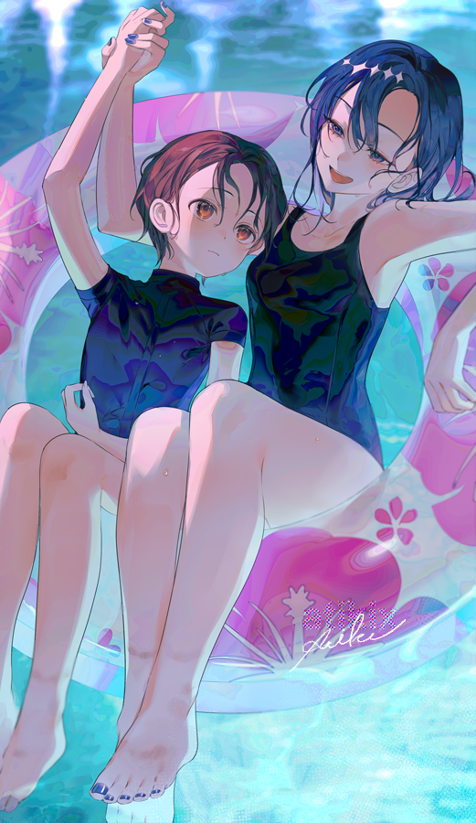1boy 1girl achiki black_hair black_one-piece_swimsuit blue_nails brown_eyes brown_hair holding_another&#039;s_wrist innertube looking_at_another one-piece_swimsuit open_mouth original pool short_hair signature smile swim_ring swimsuit water