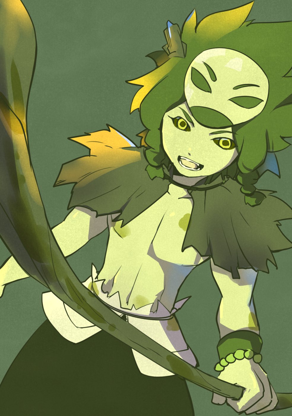 1boy black_sclera colored_sclera colored_skin green_background green_eyes green_skin green_theme highres holding kusano_gurima mask open_mouth qiguo_(the_legend_of_luoxiaohei) shadow simple_background smile solo luo_xiaohei_zhanji topless_male twintails upper_body