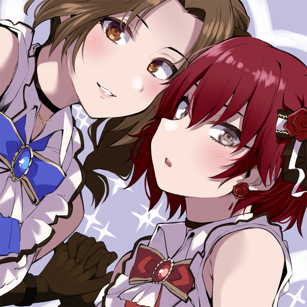 2girls bare_shoulders blue_bow bow brown_eyes brown_hair dress earrings flower flower_earrings gomashi_(goma) hair_ornament holding_hands idolmaster idolmaster_cinderella_girls jewelry kawashima_mizuki looking_at_viewer multiple_girls murakami_tomoe ponytail red_bow red_flower red_hair red_rose ribbon rose short_hair smile white_dress yellow_eyes