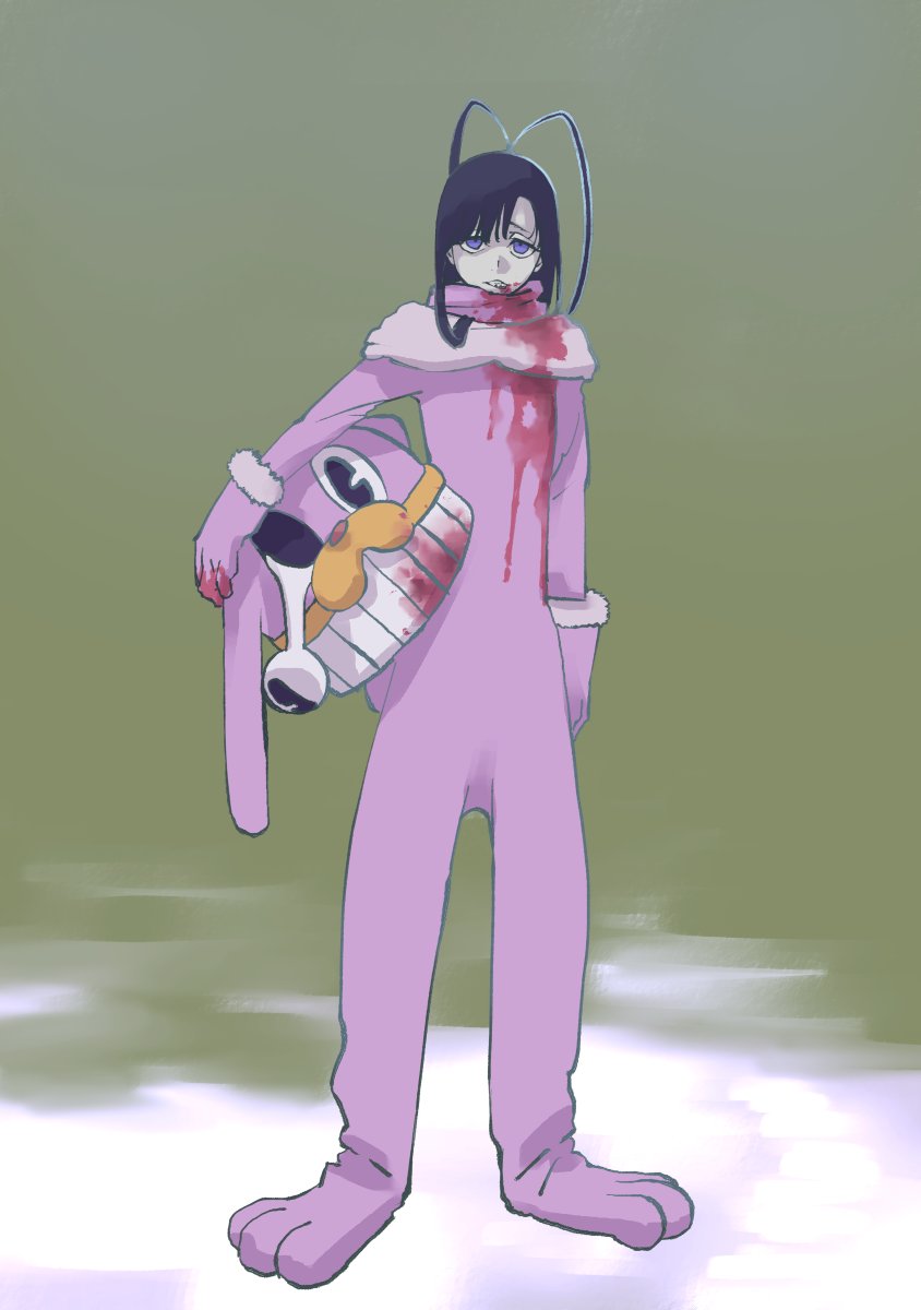 1boy androgynous animal_costume antenna_hair black_hair bleach bleach:_sennen_kessen-hen blood blood_on_clothes blood_on_face costume giselle_gewelle highres holding_mascot_head kubo_tite long_hair male_focus mascot_costume mascot_head purple_eyes rabbit_costume solo trap