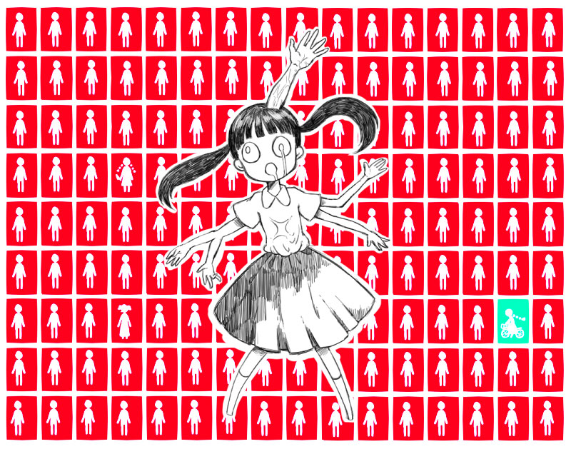 1girl 6_9 bicycle border commentary_request extra_arms full_body greyscale_with_colored_background long_hair madotsuki melting_eyes monoko riding riding_bicycle sasatsuka_(hasamimushi) short_sleeves skirt socks solo toriningen twintails white_border yume_nikki